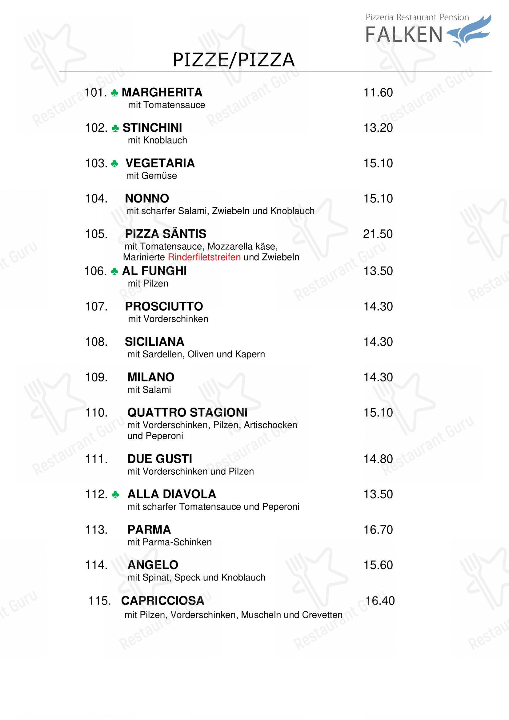 Menu bar per Falken, Pizzeria and Indian food in Gais