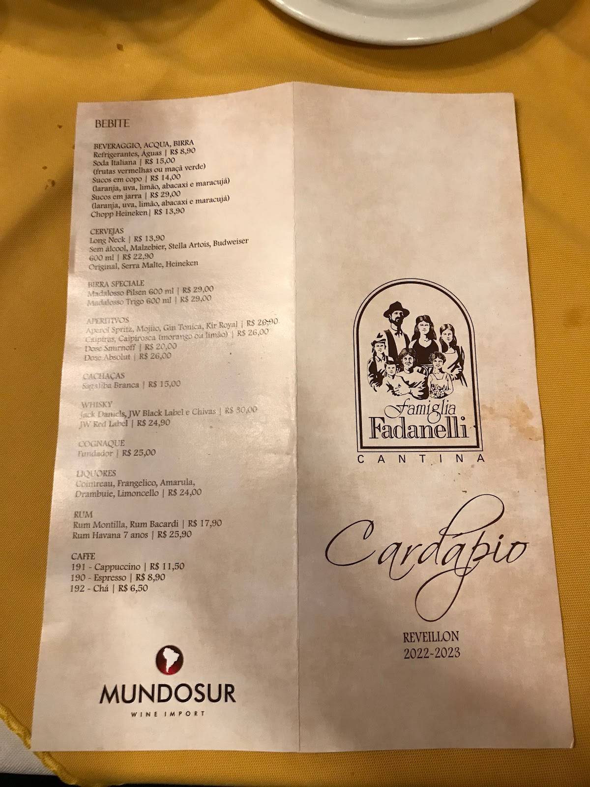 Menu em Famiglia Fadanelli restaurante, Curitiba
