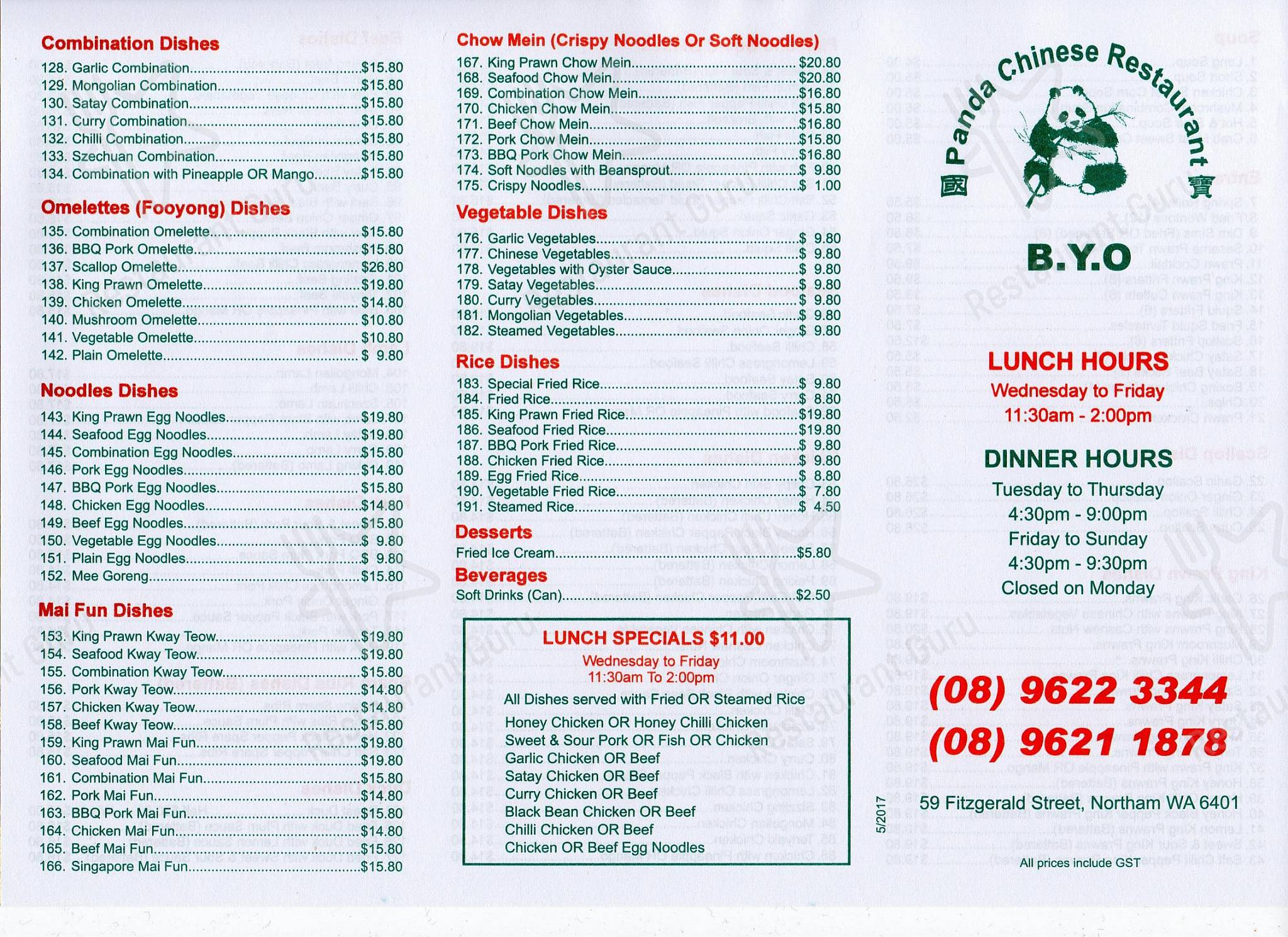 Menu at Panda Chinese Restaurant & Take Away, Northam