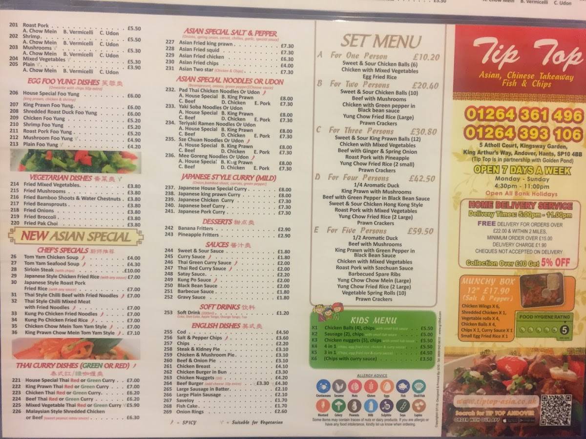 Menu at Tip Top Chinese Takeaway Fish & Chips fast food, Andover