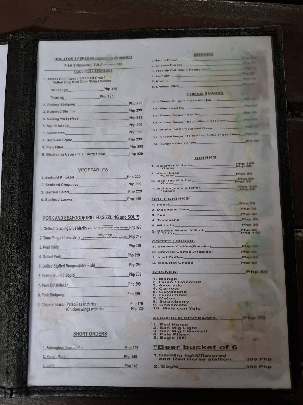 Menu at Fish Tank Seafood Restaurant, Sipalay