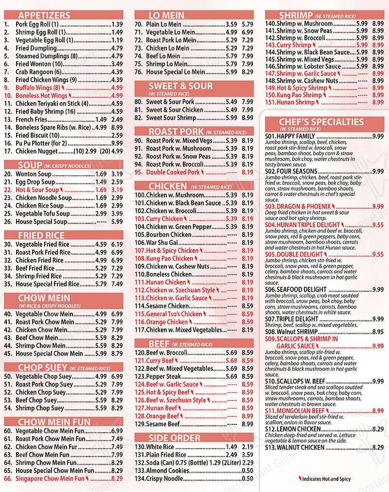 Happy Dragon menu