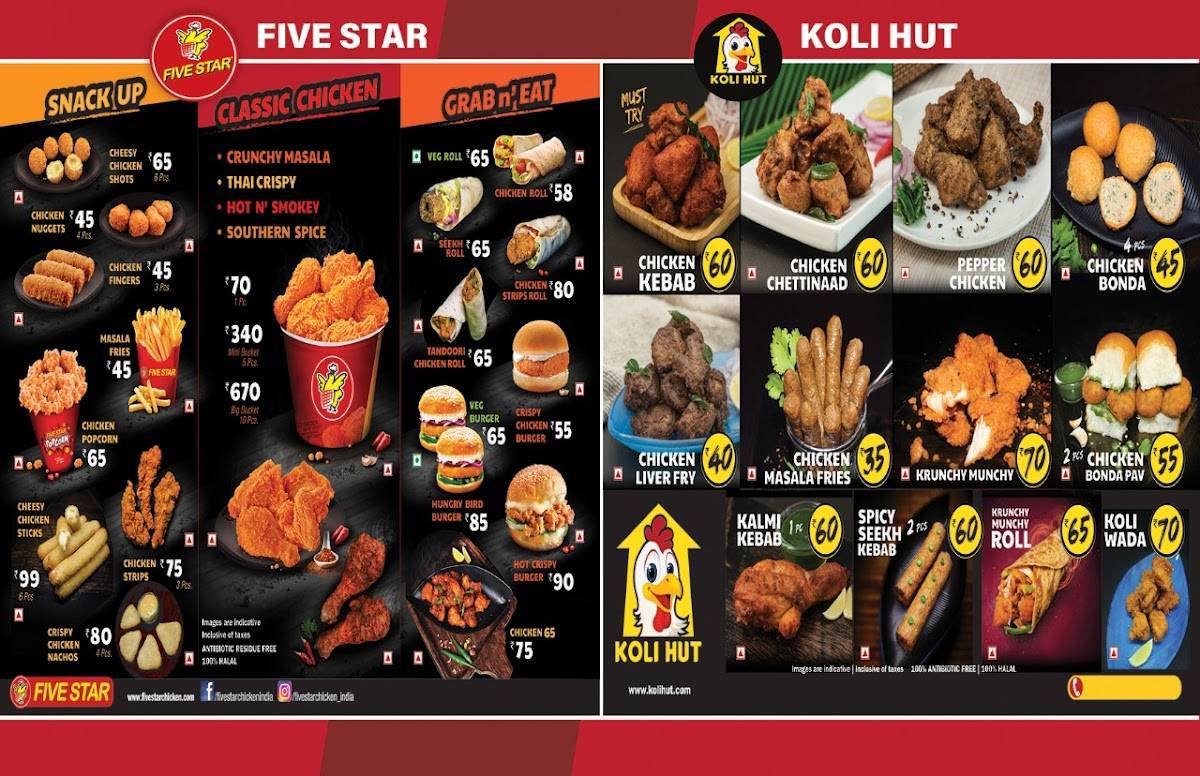 Five star chicken&koli Hut menu