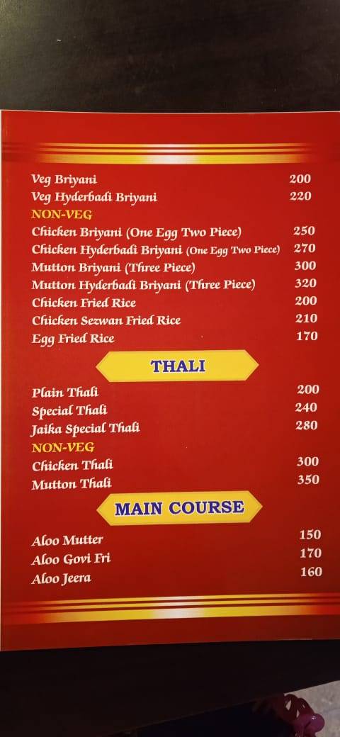 Jaika Restaurant menu