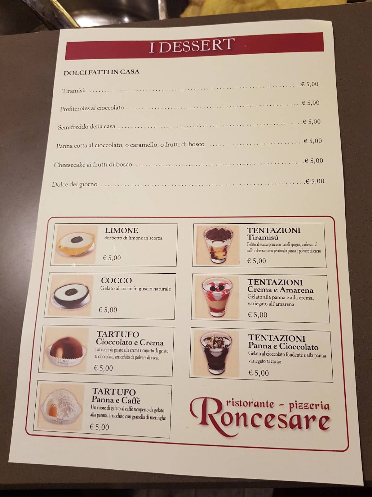 Menu di Ristorante Pizzeria Roncesare 