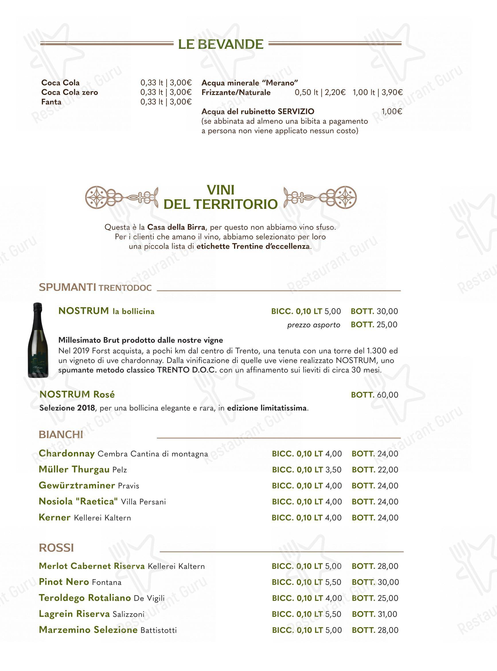 Menu bar per Forsterbräu Trento pub & bar