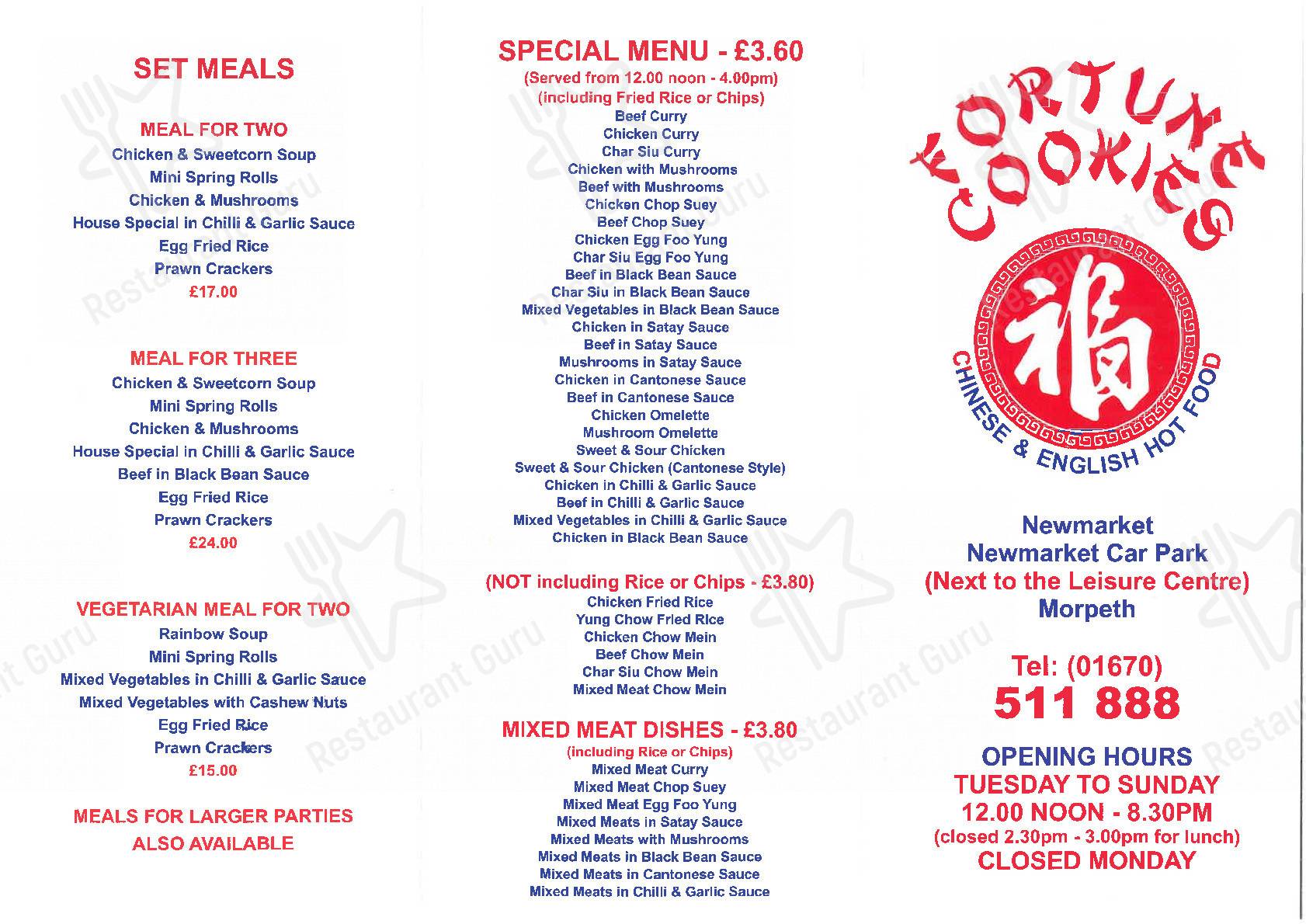 Menu at Fortune Cookies fast food, Morpeth