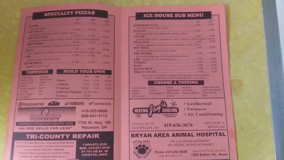 Menu at Fountain City Ice House pizzeria, Bryan