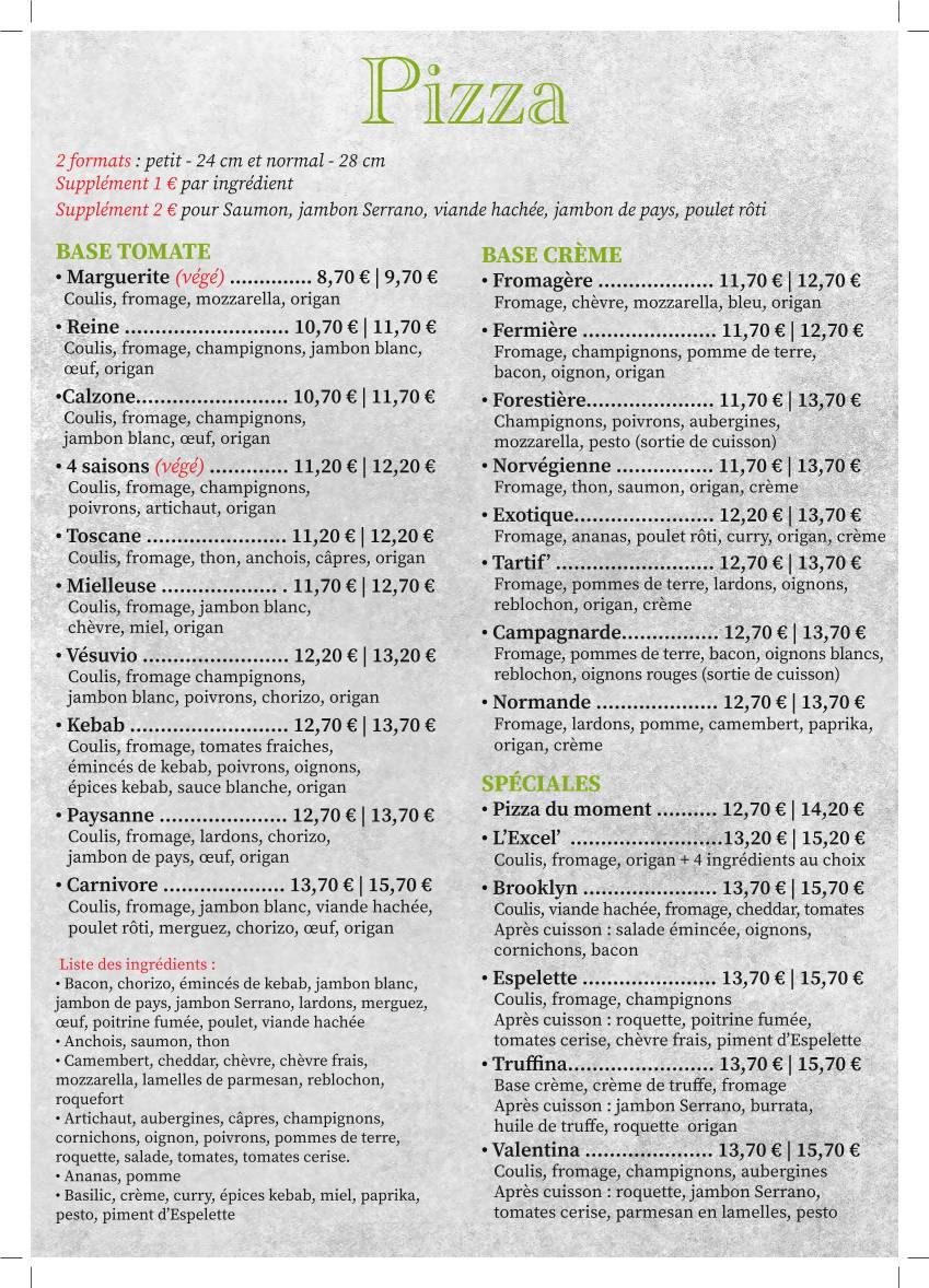 Menu de L'Excelsior Original Fouras