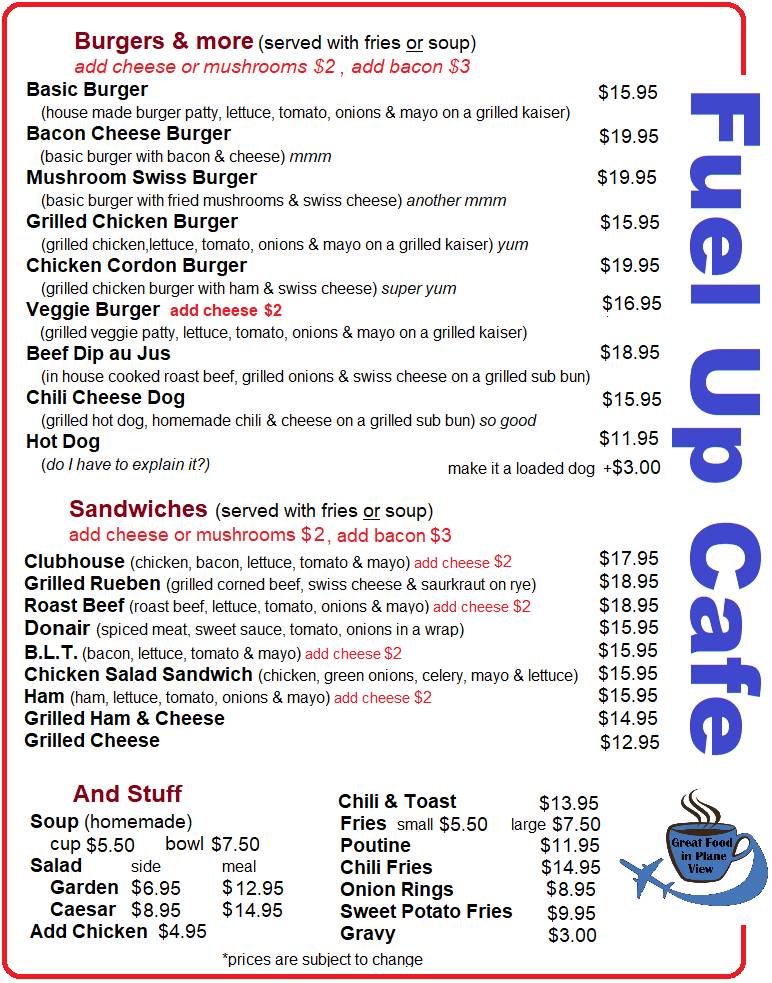 Menu at Fuel Up Cafe, Campbell River
