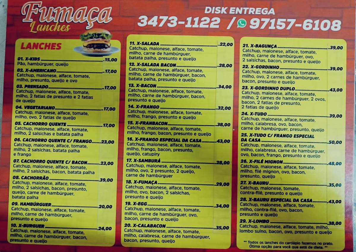Fumaça Lanches cardápio