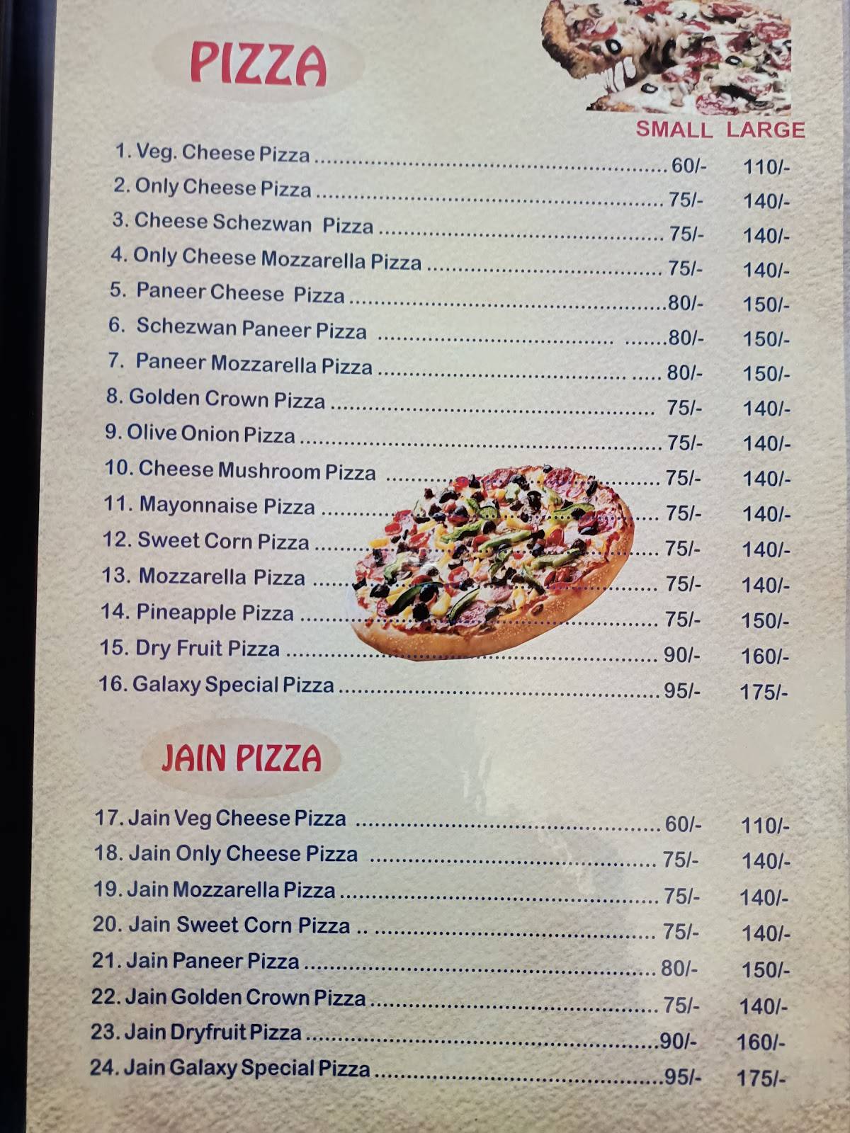 GALAXY PIZZA menu