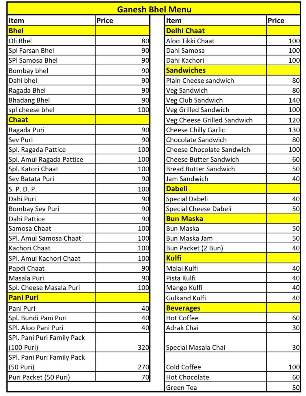 Ganesh Bhel - Aundh Catering Snacks Chaat Meals menu