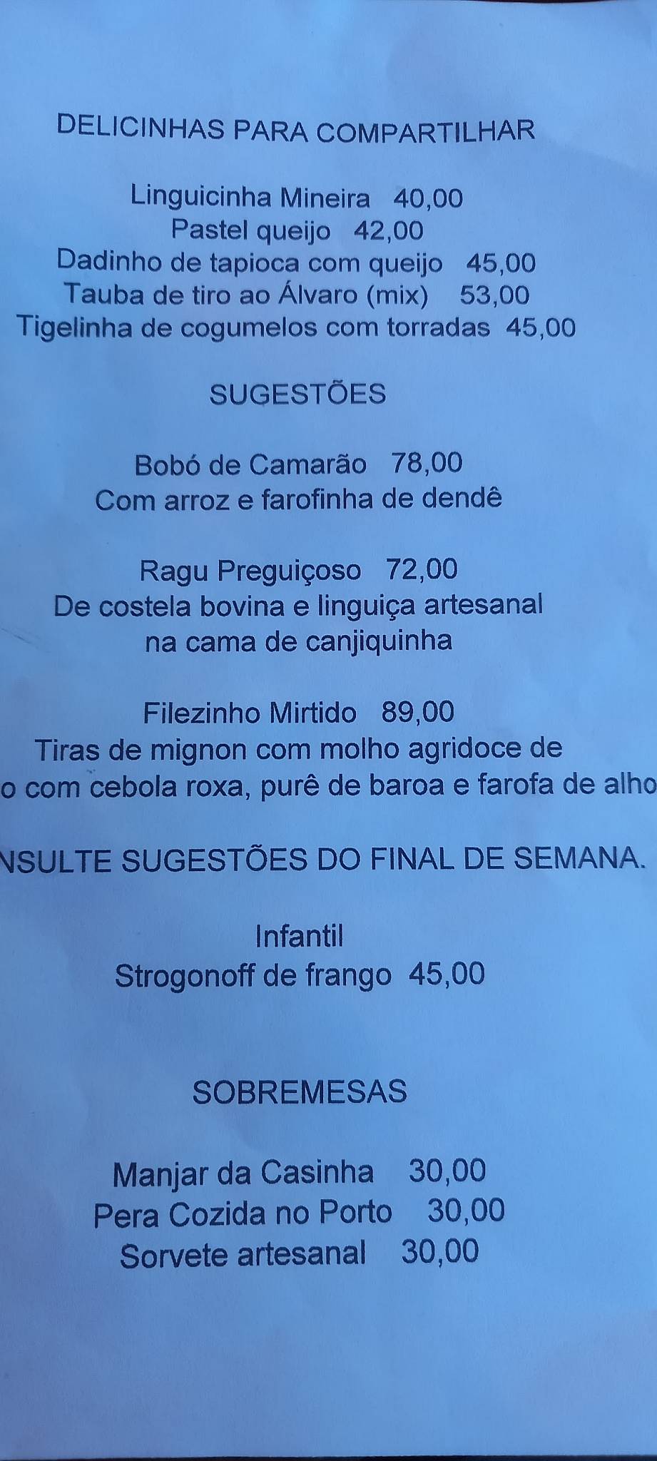 Garimpo Secretário Bistrô cardápio