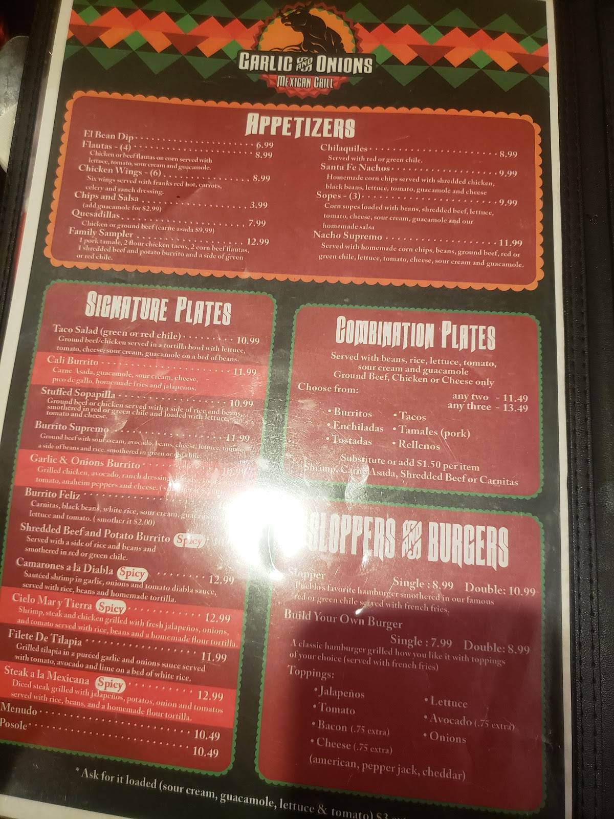 Menu at Garlic & Onions Mexican Grill restaurant, Pueblo