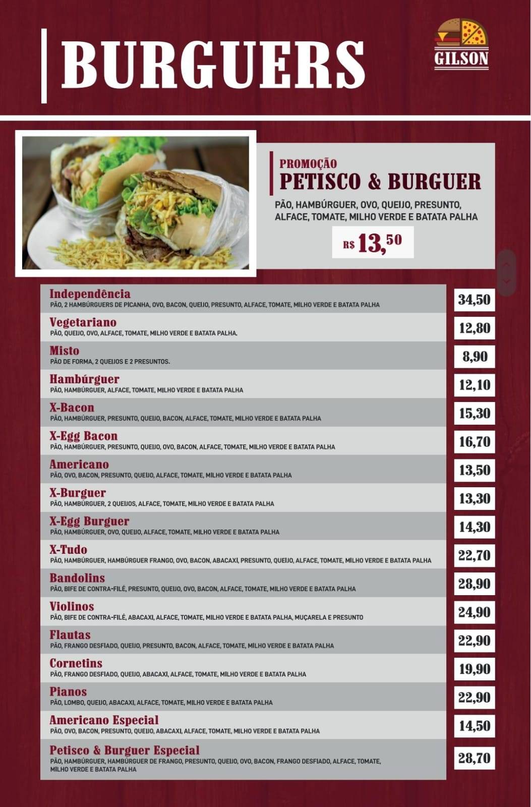Gilson Burger e Pizzaria cardápio