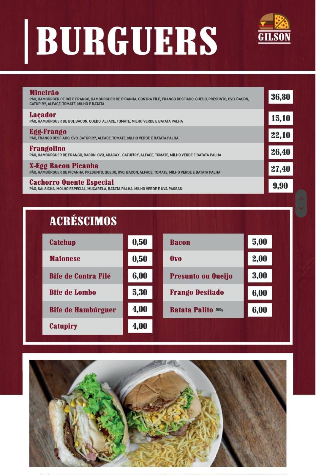 Gilson Burger e Pizzaria cardápio