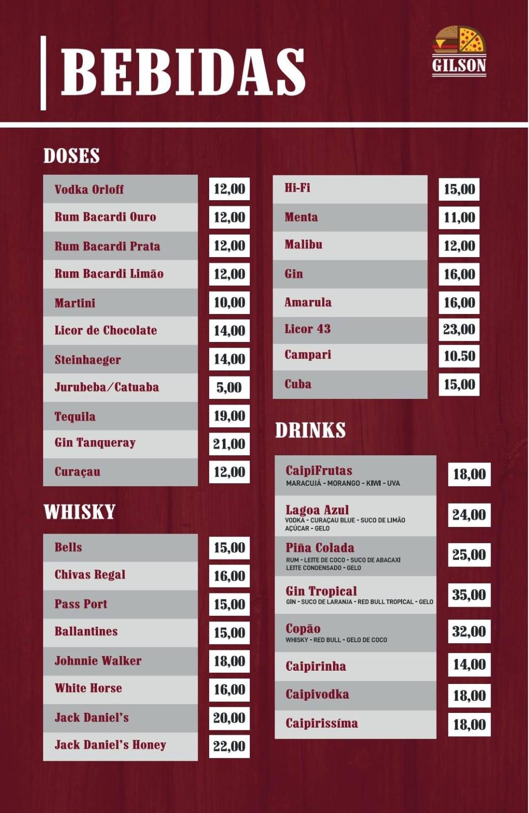 Gilson Burger e Pizzaria cardápio
