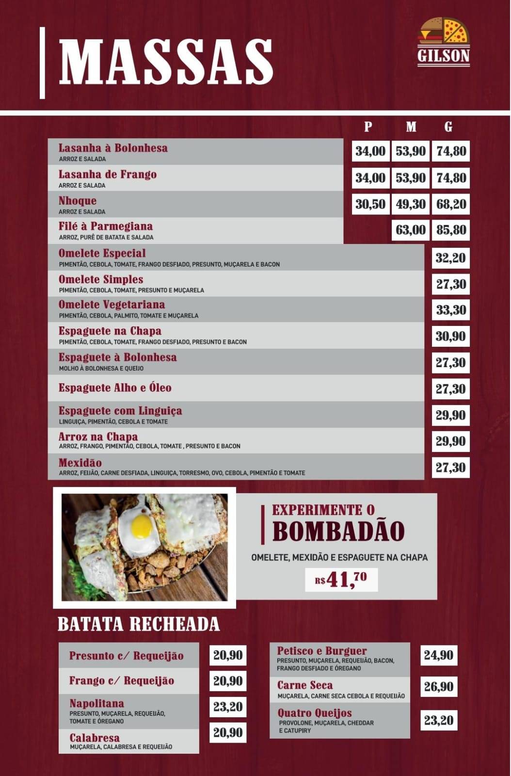 Gilson Burger e Pizzaria cardápio