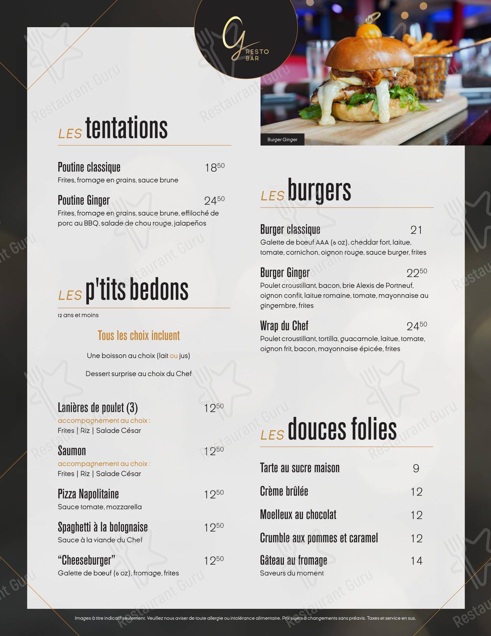 Menu pour Ginger Resto-Bar - Lunch Menu