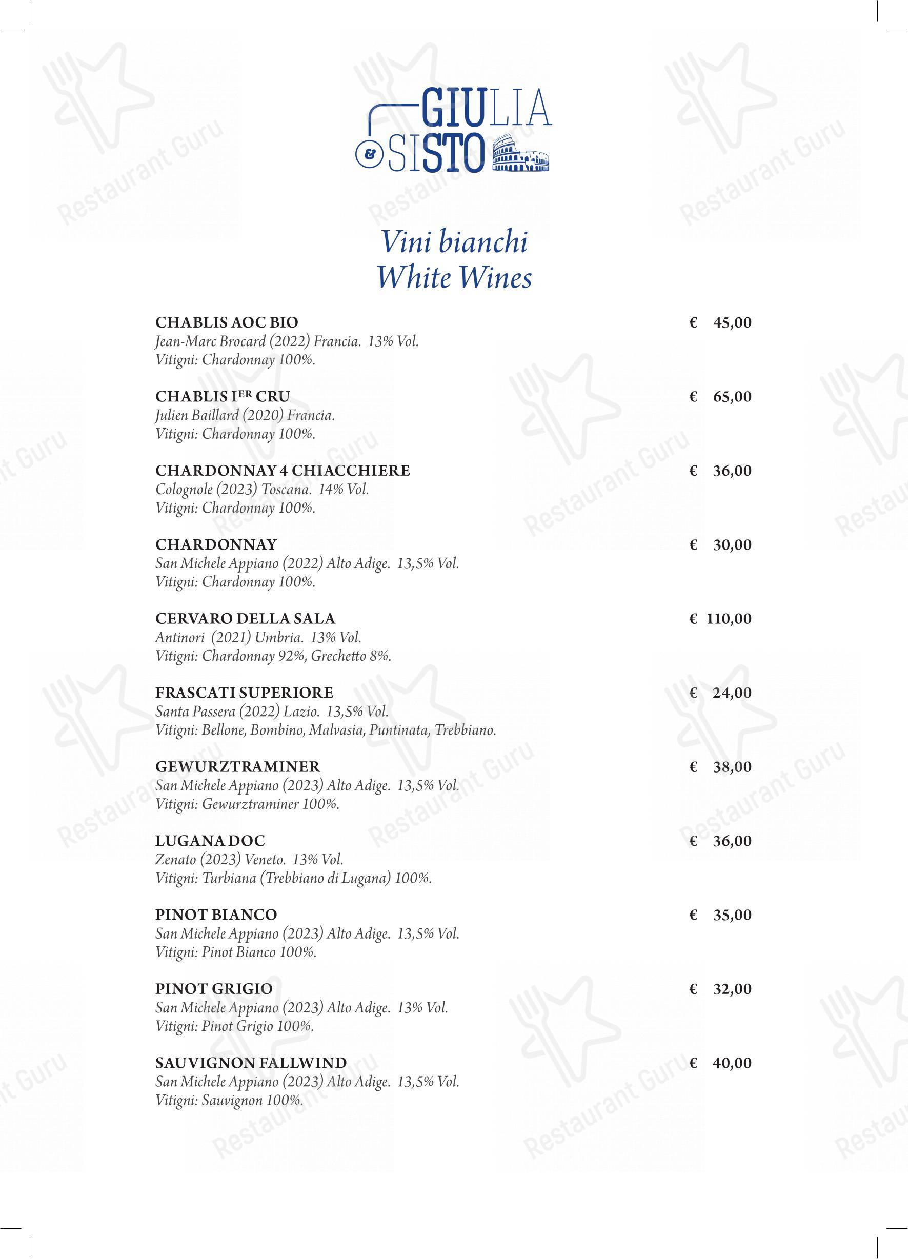 Menu di Giulia&Sisto Roma Terrazza San Clemente - Menu bar