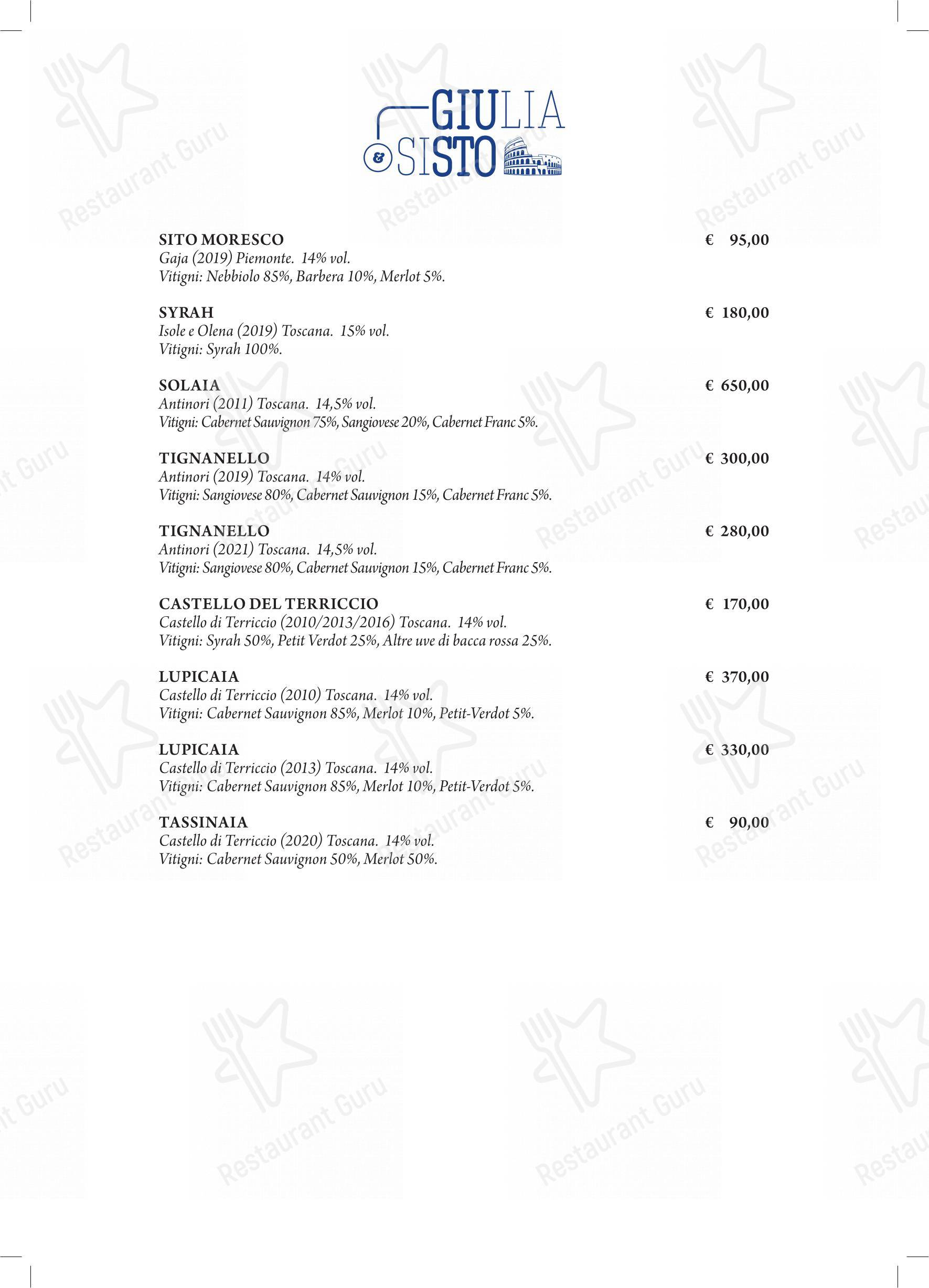 Menu bar per Giulia&Sisto Roma Terrazza San Clemente ristorante