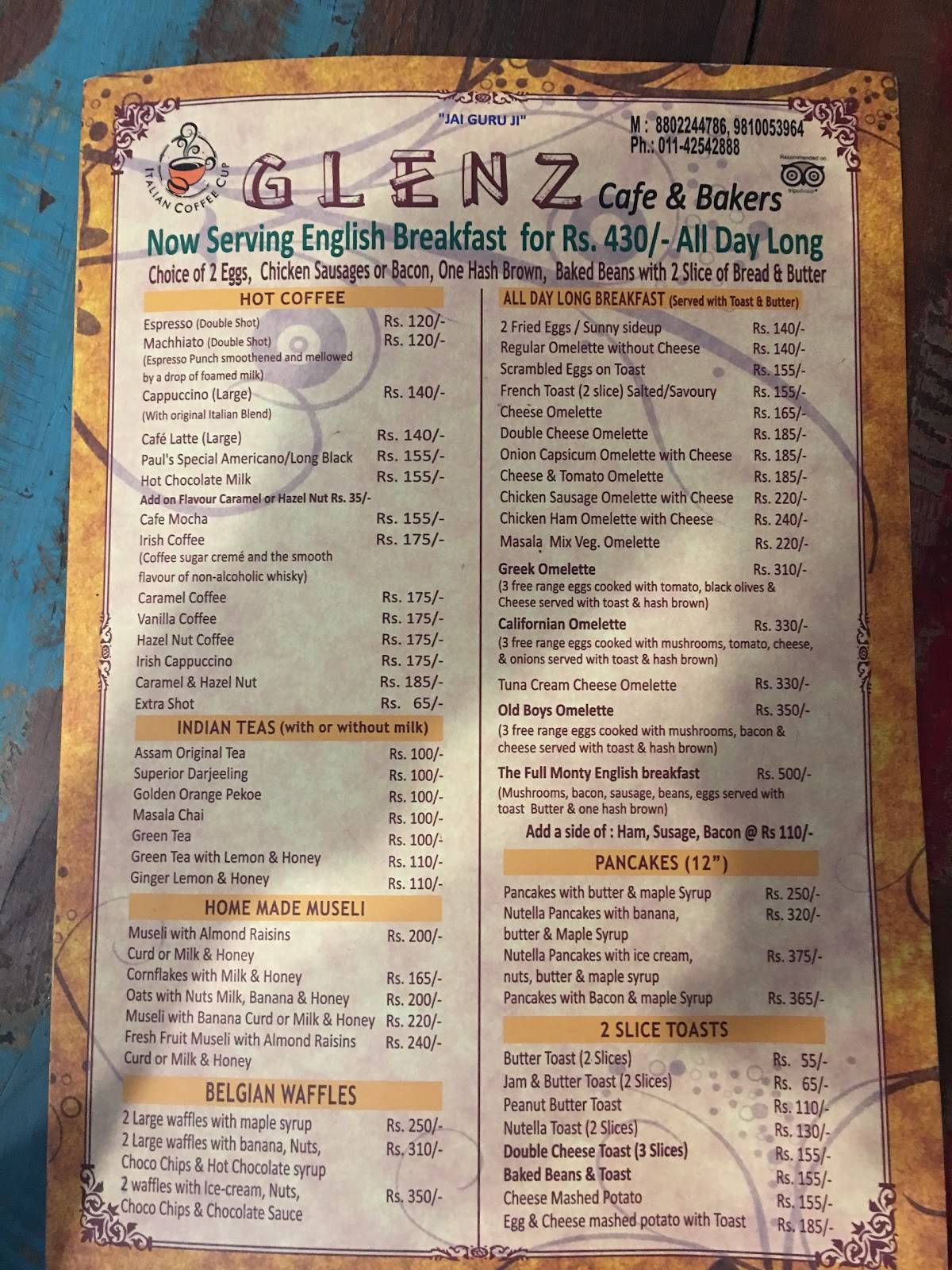 Glenz Cafe and Bakers menu