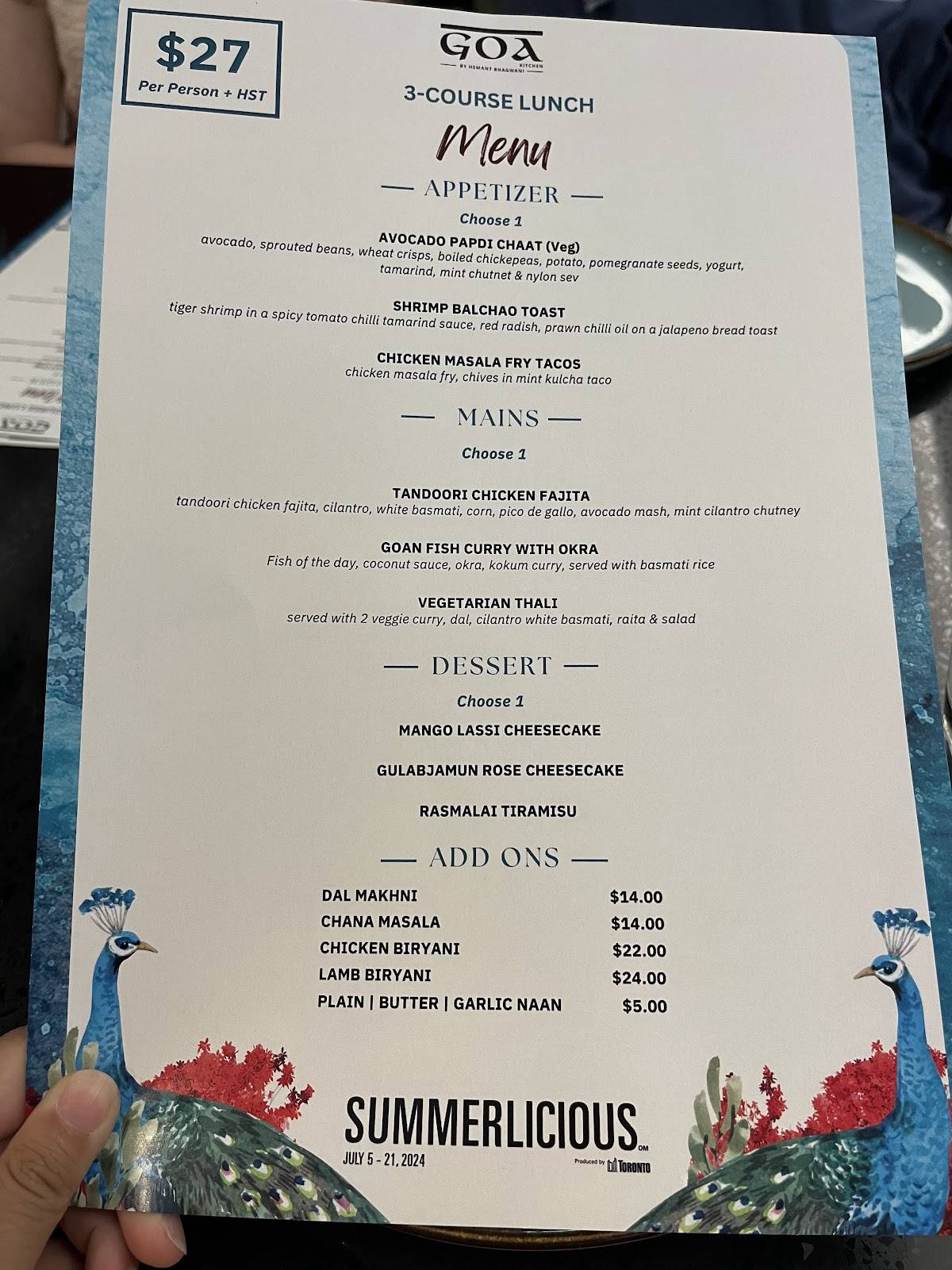 Menu at Goa Indian Farm Kitchen restaurant, Toronto, Bayview Ave