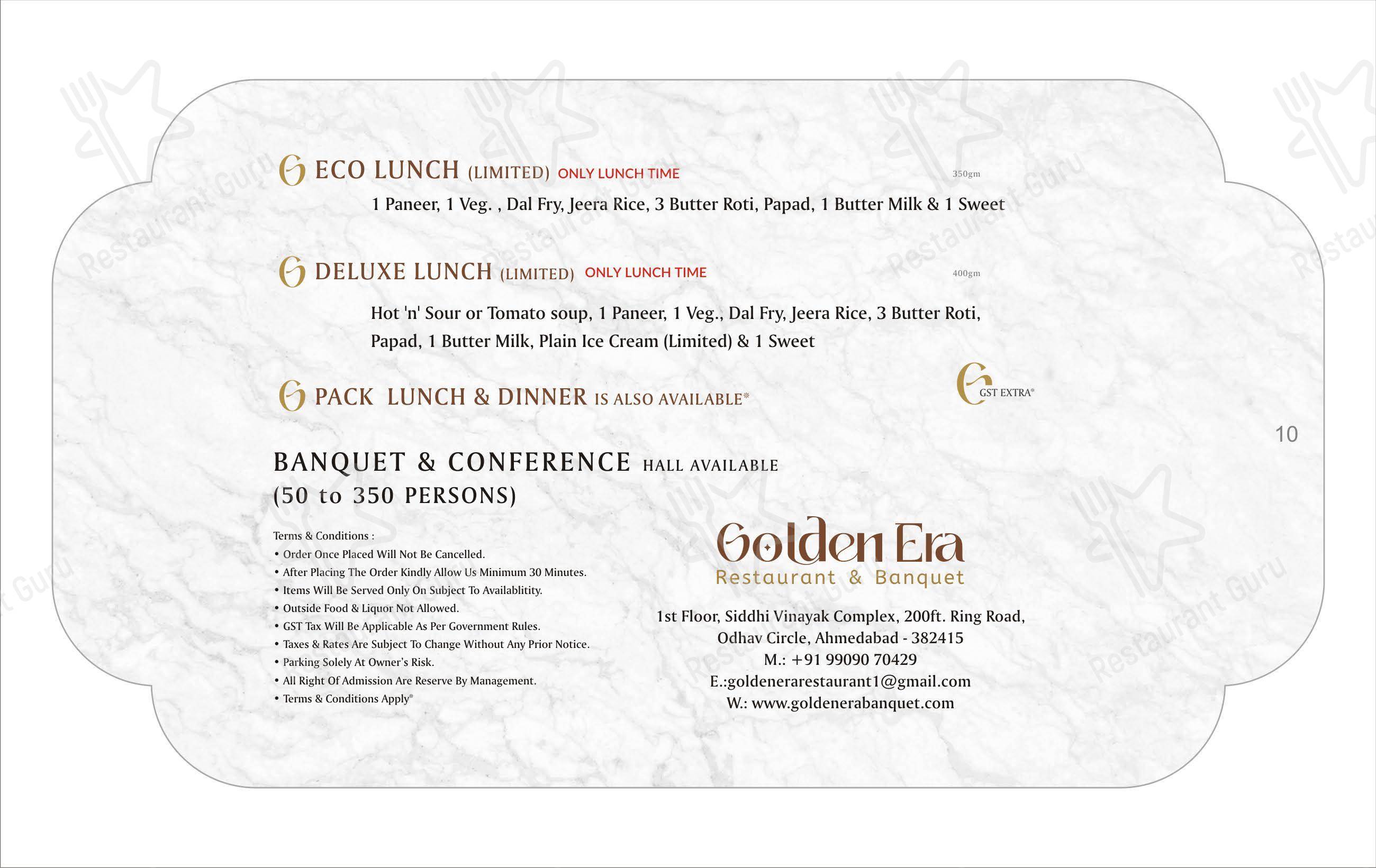 Menu for Golden Era Restaurant and Banquet in Ahmedabad