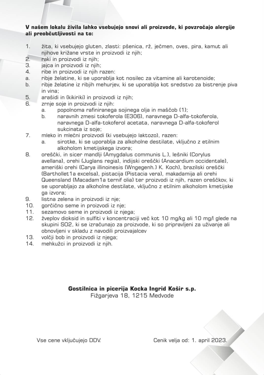 Menu di Gostilnica in picerija KOCKA 