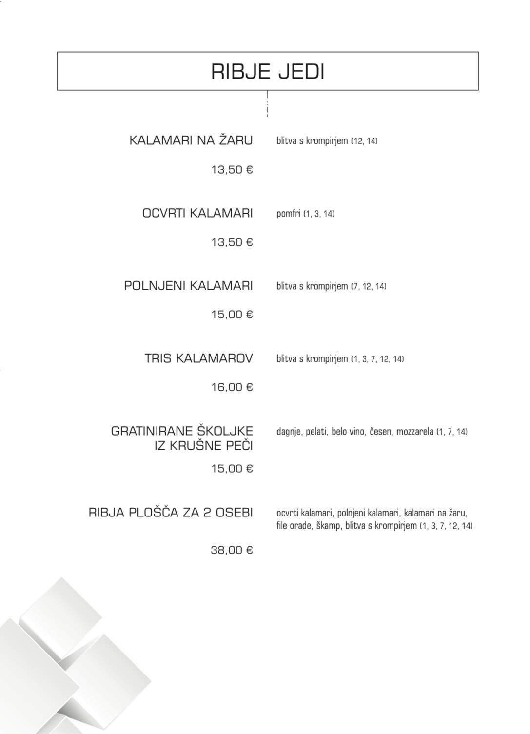 Menu di Gostilnica in picerija KOCKA 