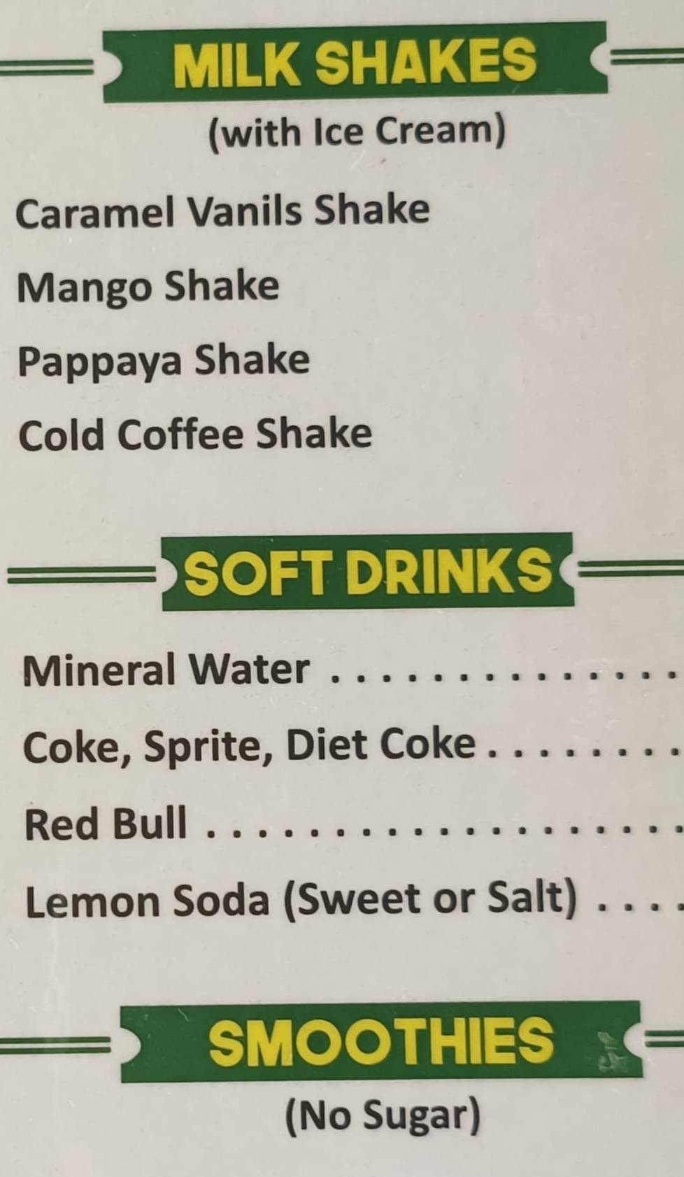 Green Pepper Restaurant Varkala menu