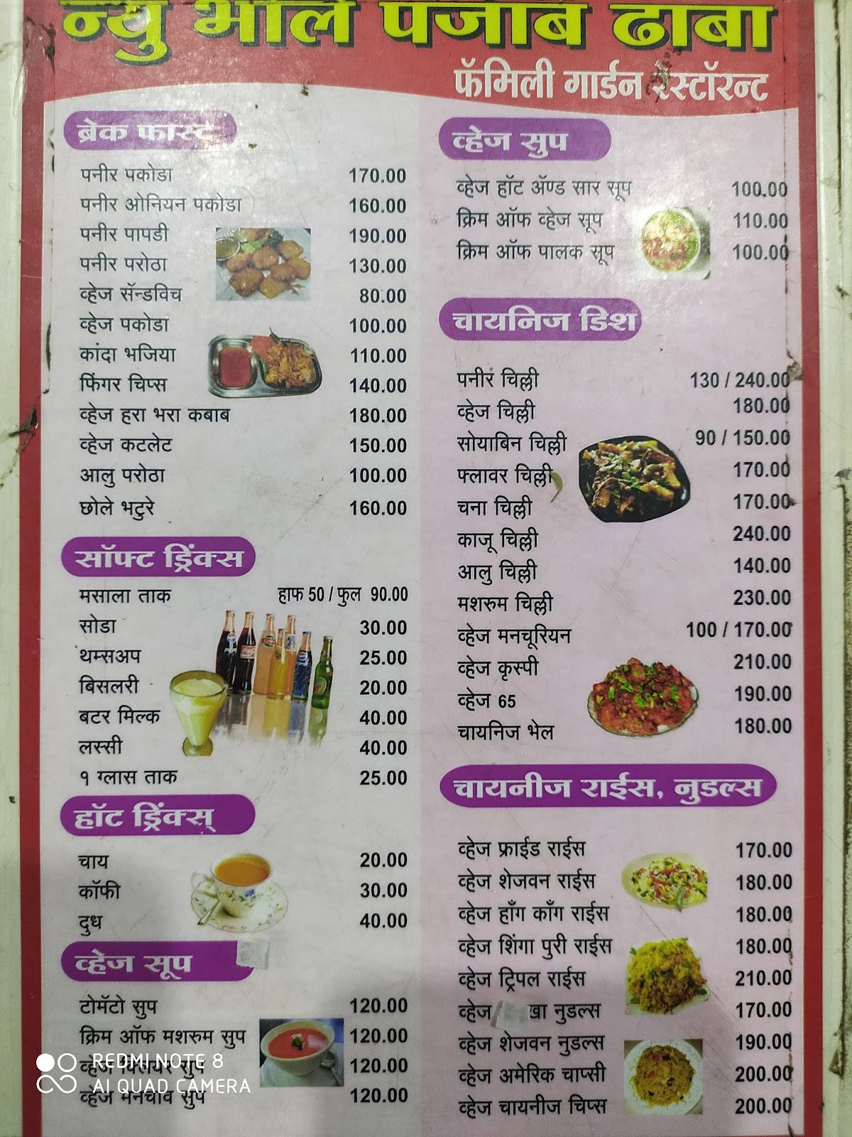 HOTEL BHOLE PUNJAB DHABA PURE VEG FAMILY RESTAURANT menu