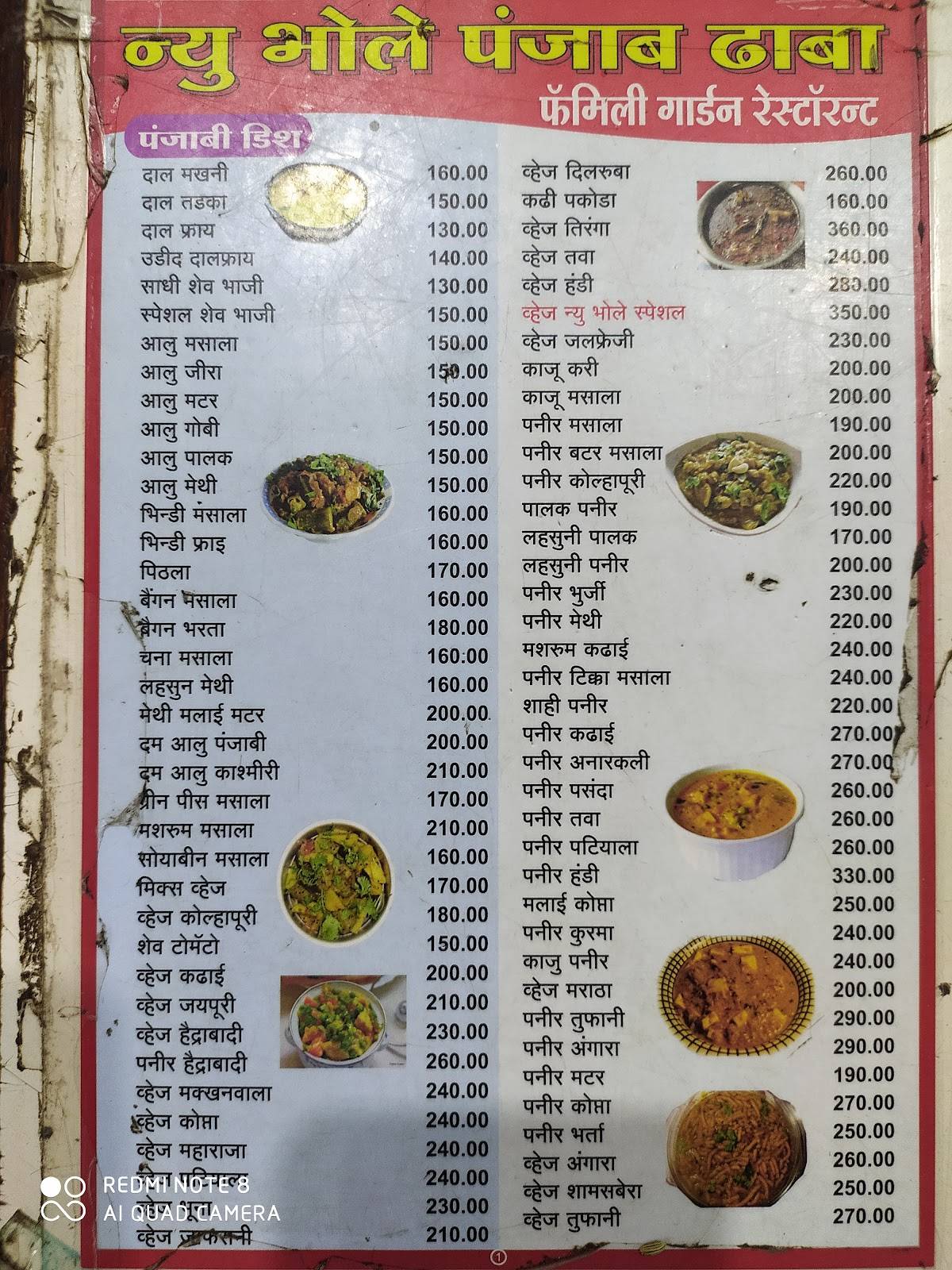 HOTEL BHOLE PUNJAB DHABA PURE VEG FAMILY RESTAURANT menu