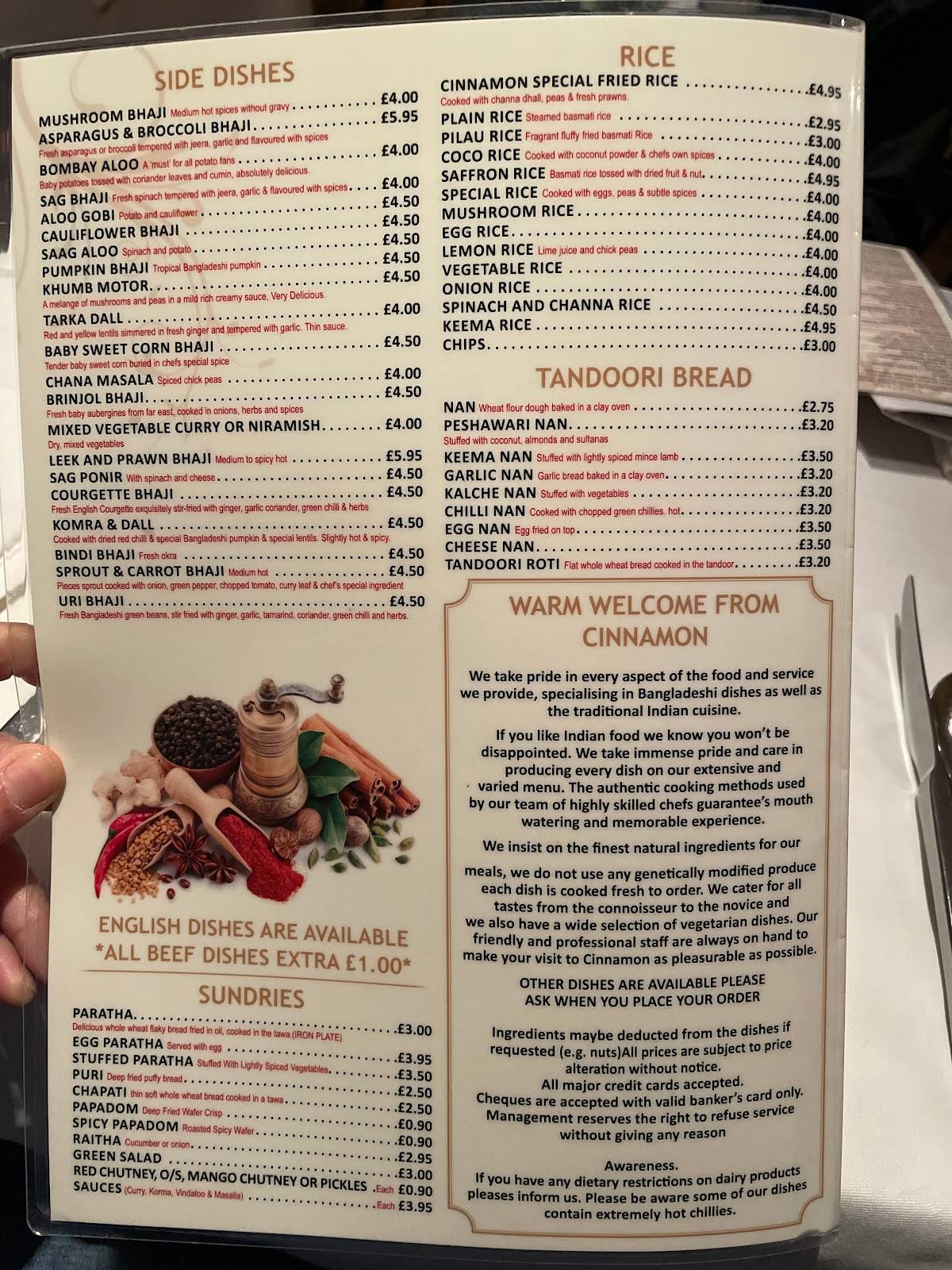 Menu at Cinnamon restaurant, Harpenden