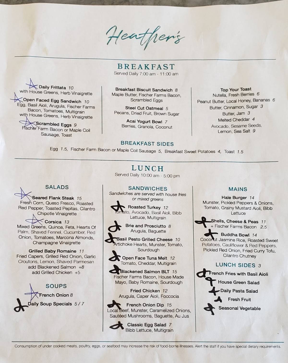 Menu at Heather's restaurant, Minneapolis