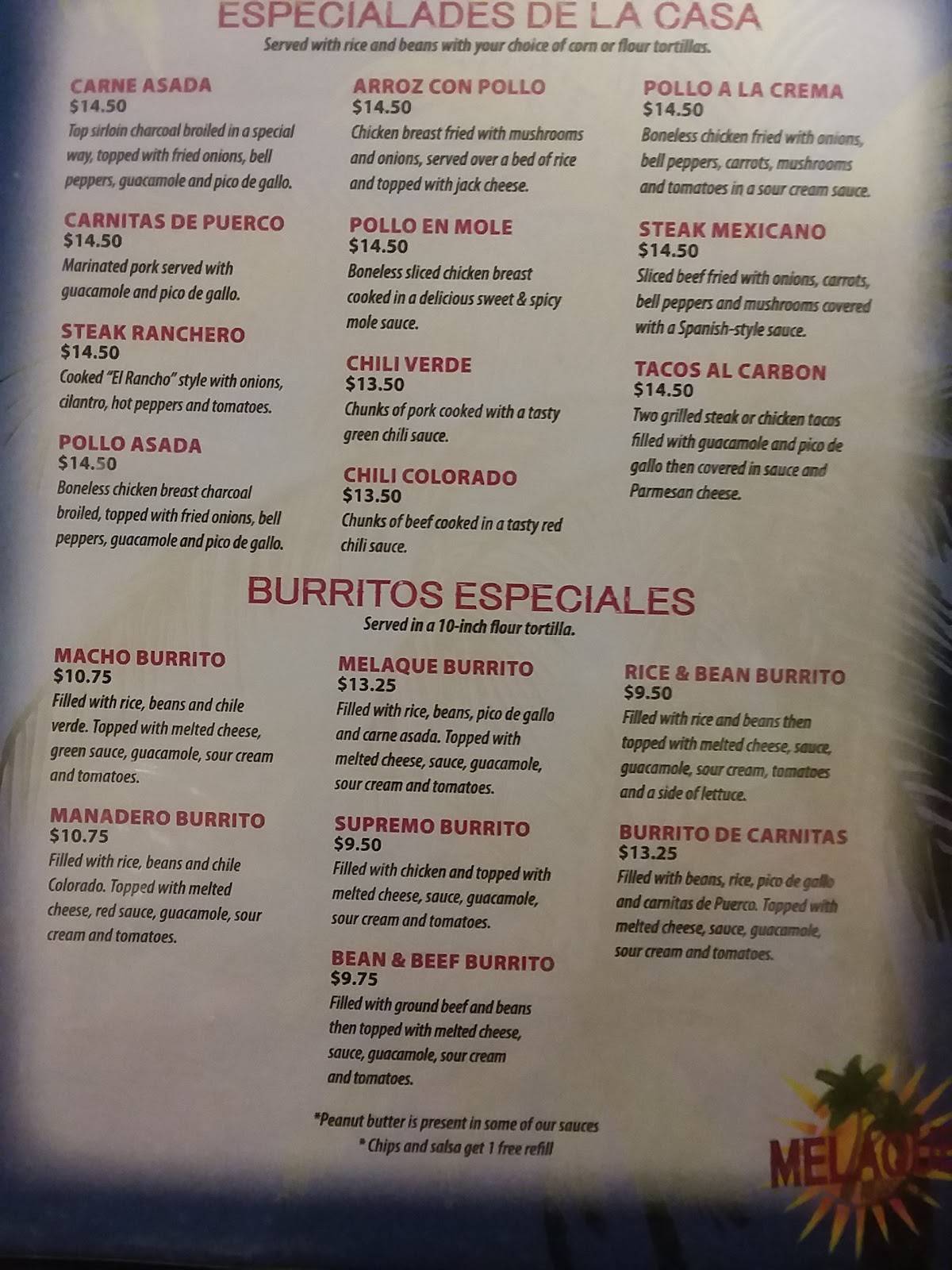 Menu at Melaque Mexican Restaurant, Helena