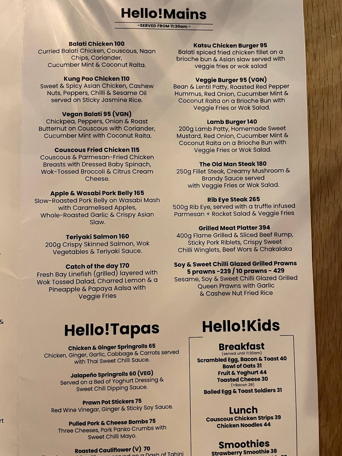Carta de Hello It's Me Kitchen Bar, Sudáfrica, Boardwalk Mall