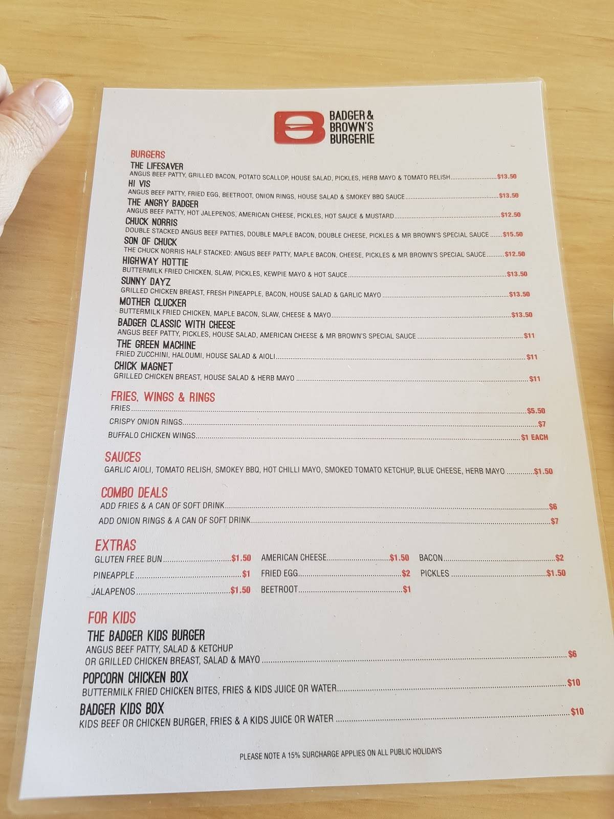 Menu at Badger & Brown's Burgerie fast food, Hervey Bay