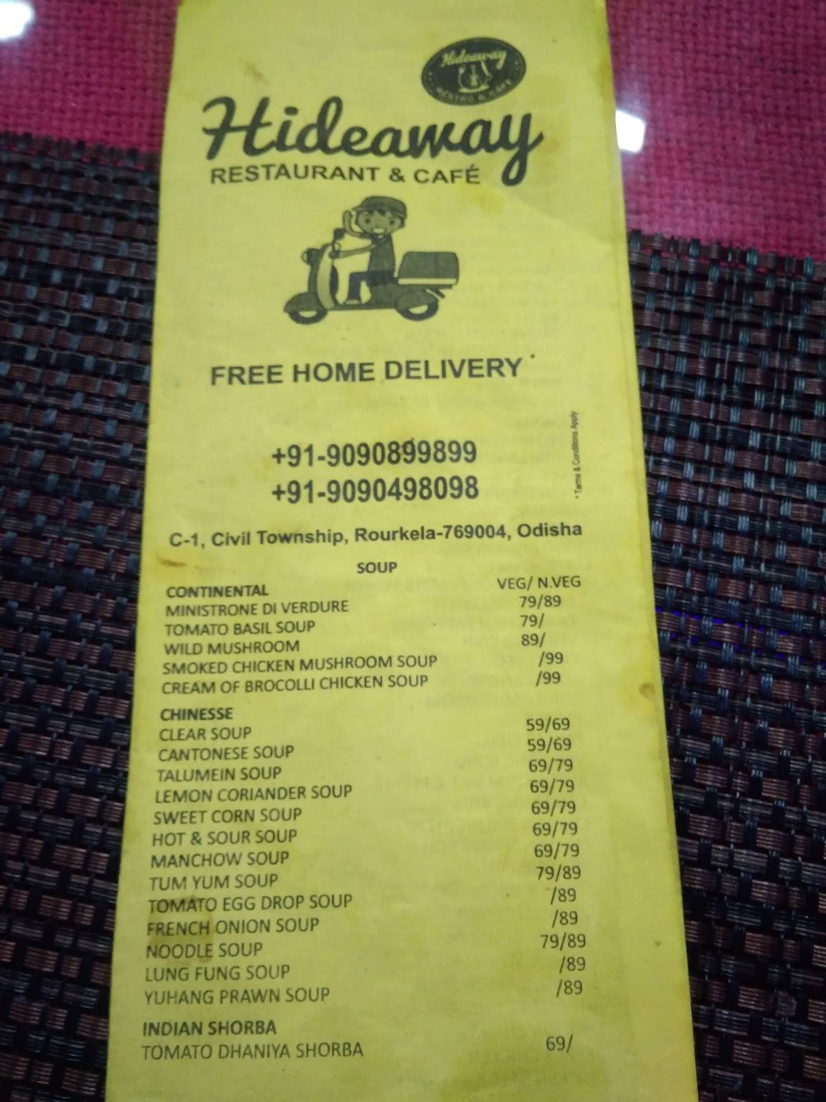 Menu at Hideaway Restaurant & Cafe,Rourkela, Rourkela