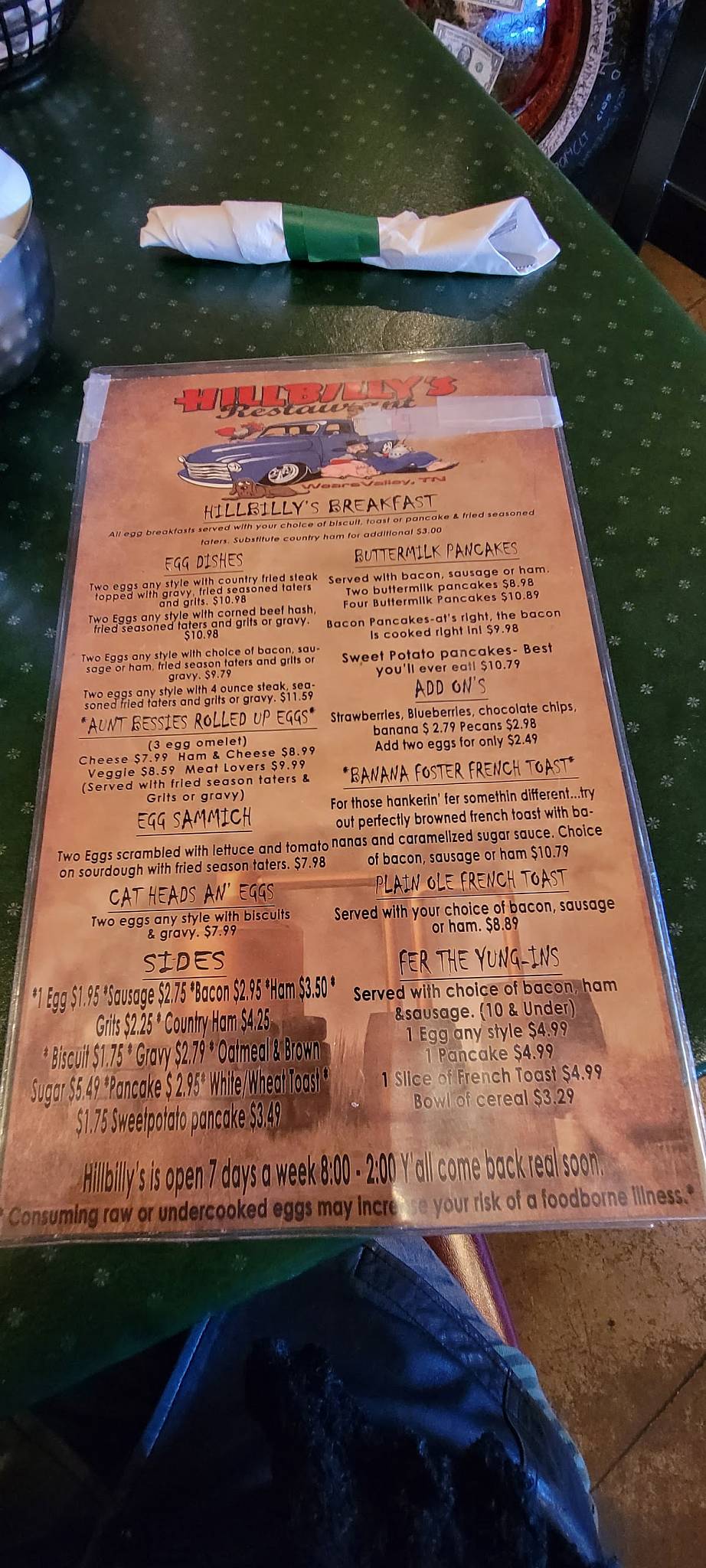 Menu at Hillbilly's Restaurant, Pigeon Wears Valley Rd
