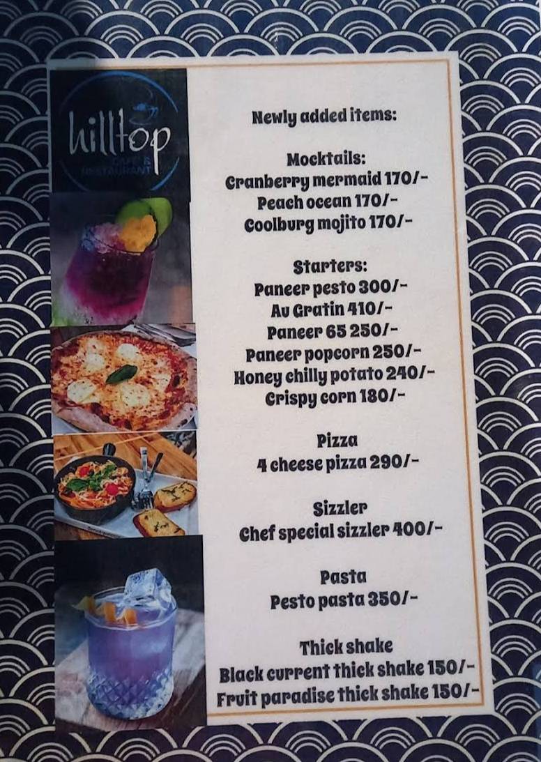Hilltop Cafe and Restaurant menu
