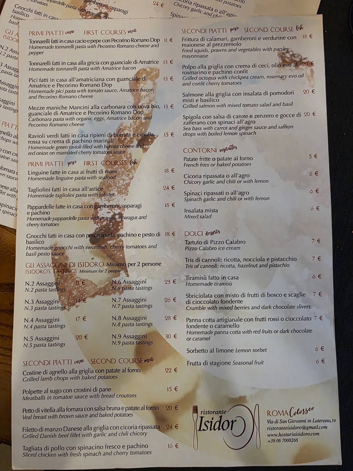Menu di Hostaria Isidoro 
