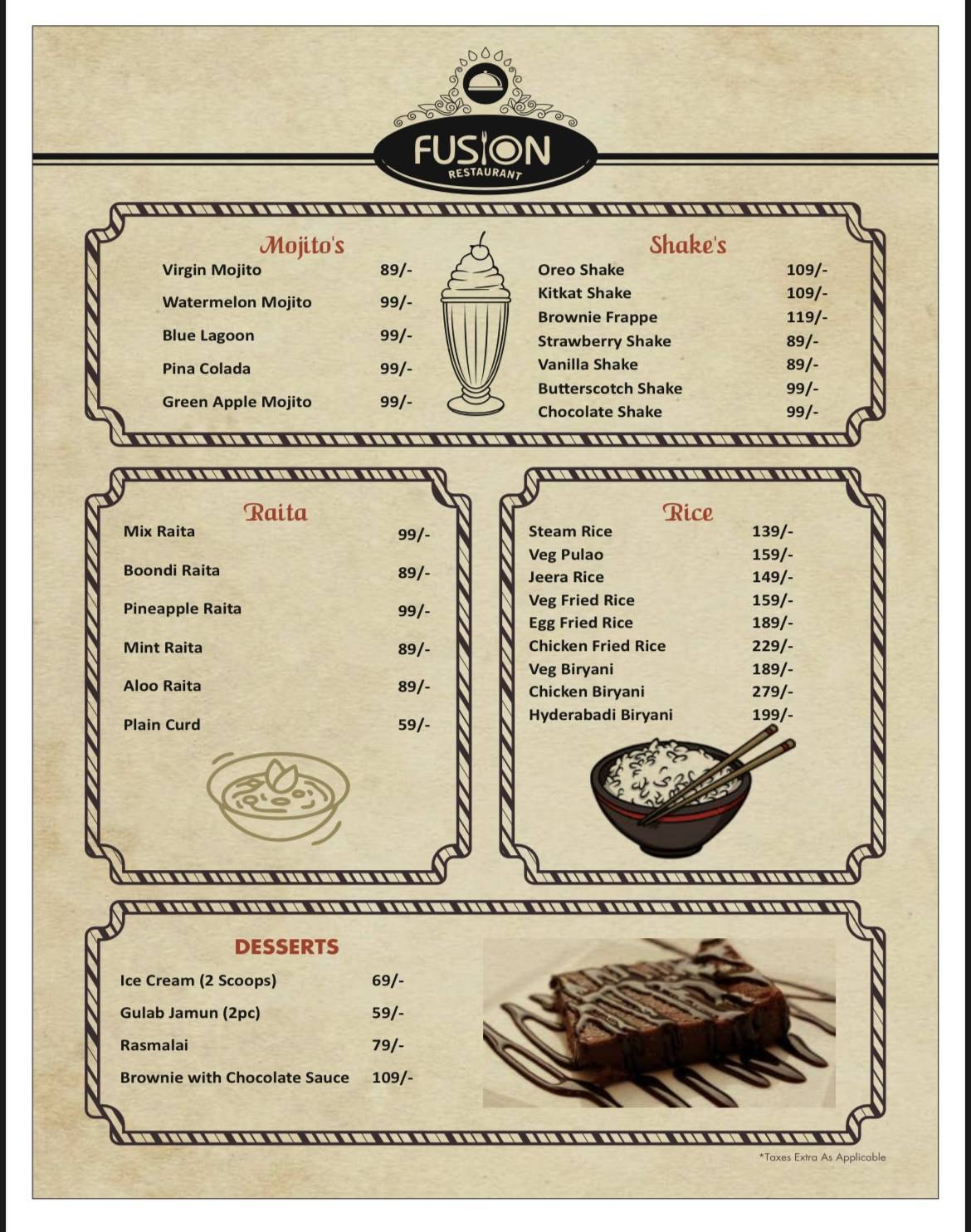 Hotel Fusion & Restaurant menu