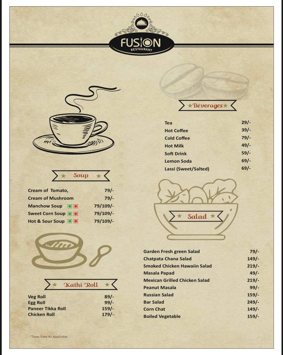 Hotel Fusion & Restaurant menu
