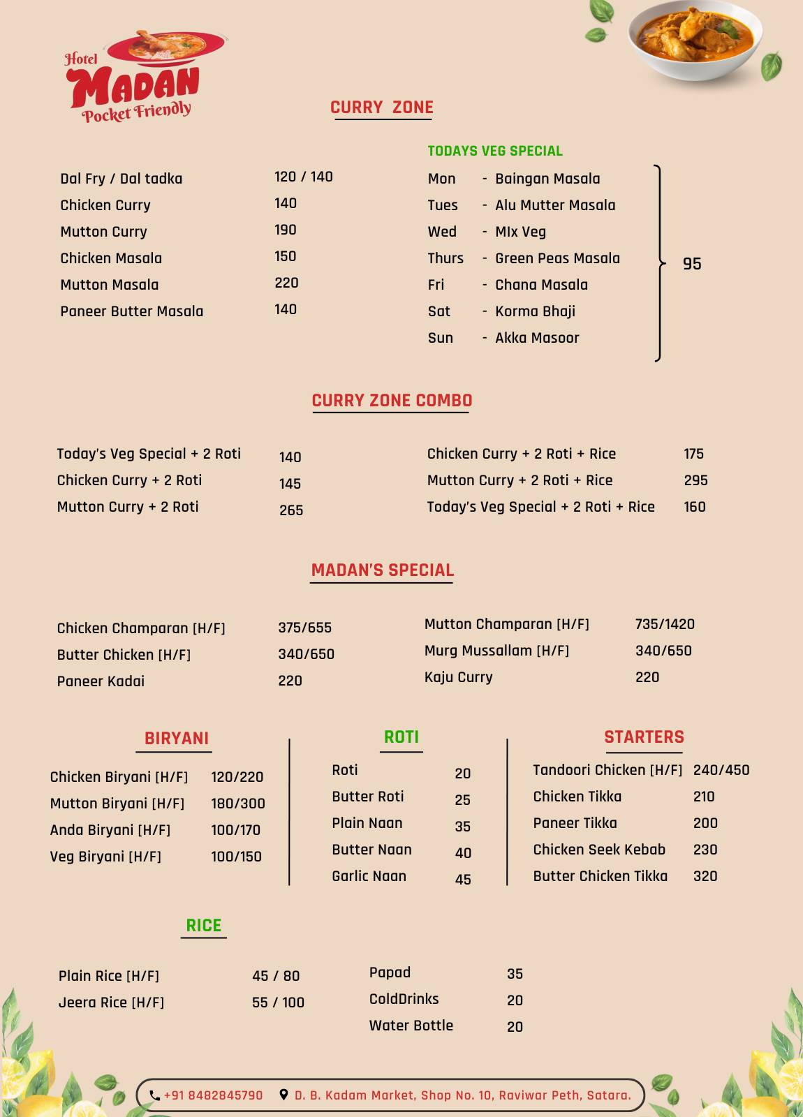 Hotel Madan, Satara menu