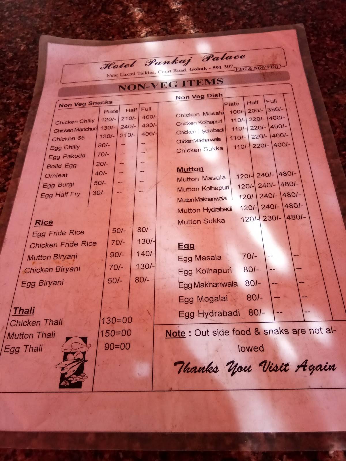 Hotel Pankaj Palace menu