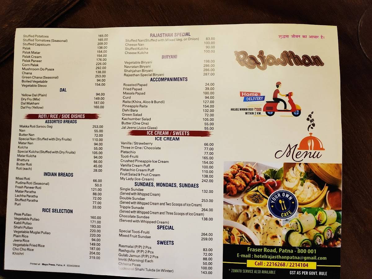 Hotel Rajasthan menu
