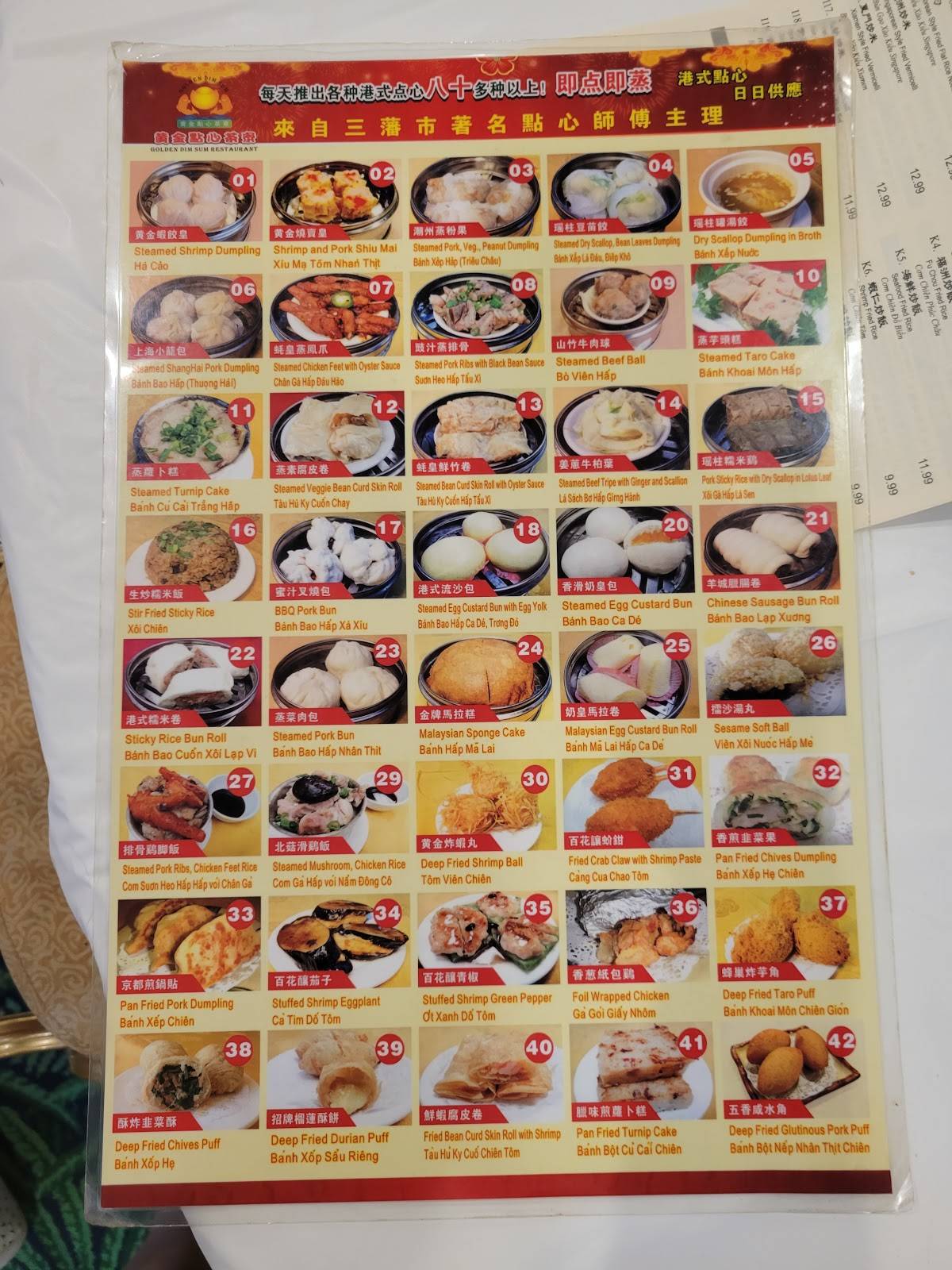 Menu at Golden Dim Sum restaurant, Houston, Bellaire Blvd