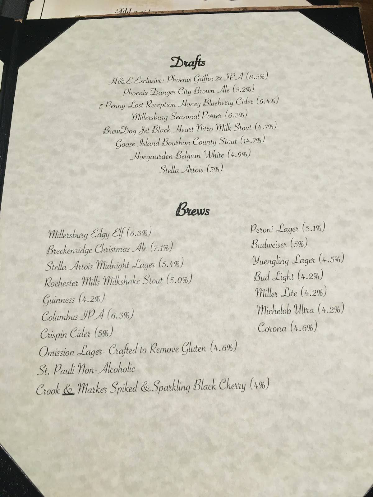 Menu at Hudson & Essex restaurant, Mansfield